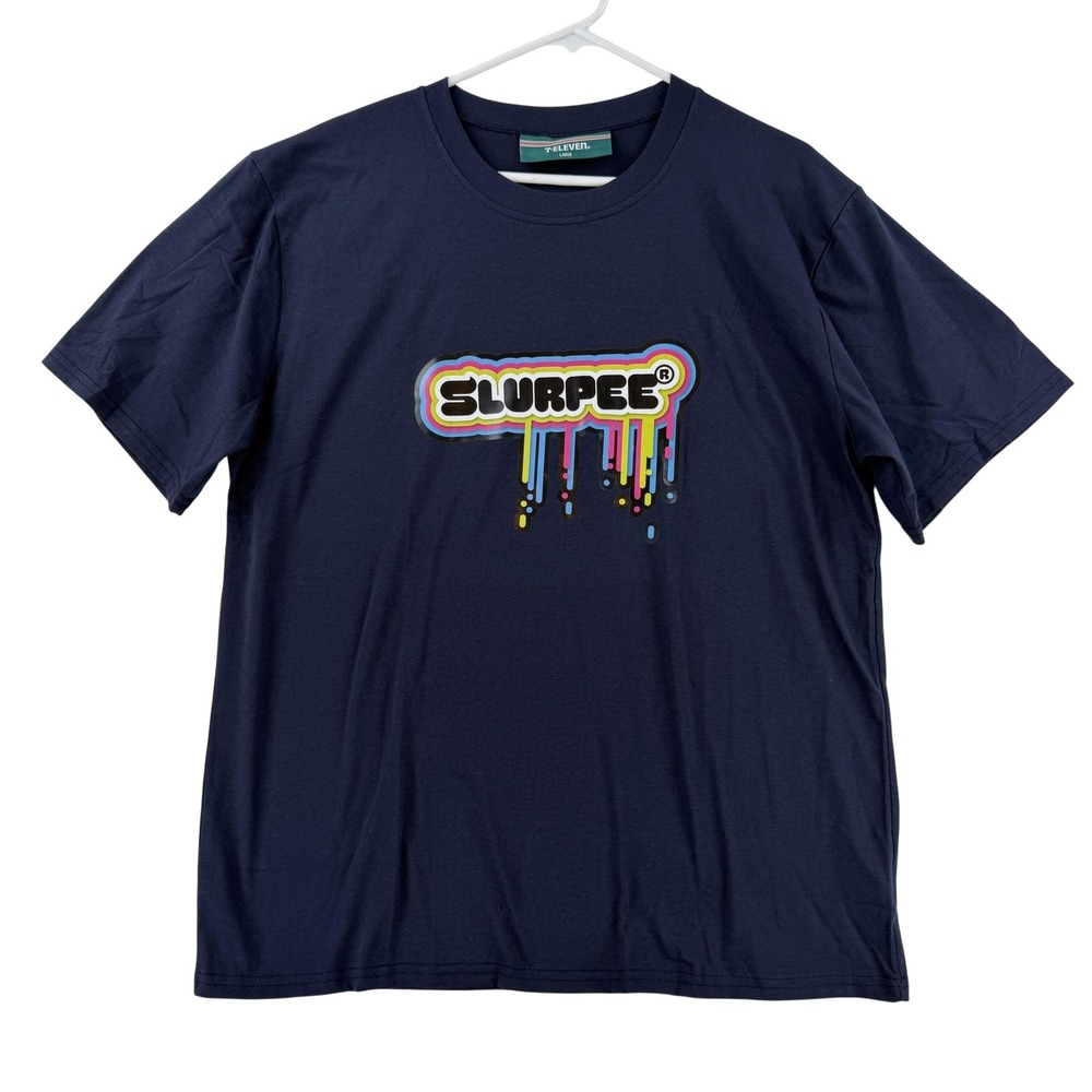 7 Eleven Shirt Mens Large Blue Slurpee Logo Front Graphic Tee Y2K 90s Rainbow
